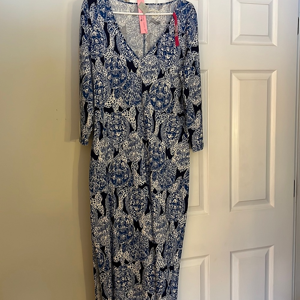 Lilly Pulitzer Anissa Maxi Dress Size L Blue Turtles EUC